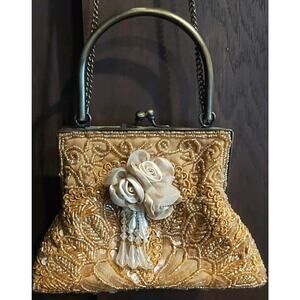 Gold Floral Beaded Sequin Purse Evening Wedding Kiss Clasp Vintage Handbag Clean